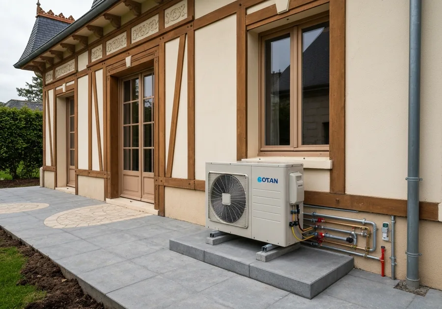 Unité extérieure PAC air/eau installée à Caen – pose sur dalle béton