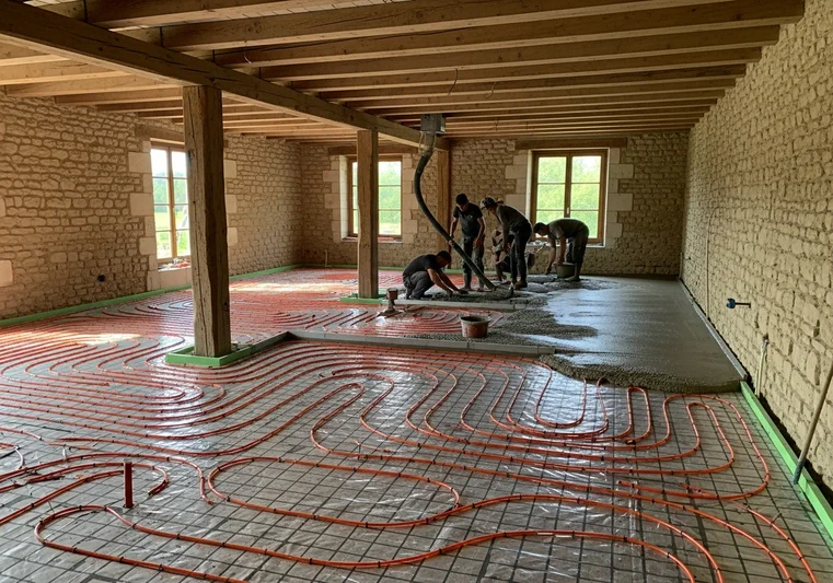 Plancher chauffant couplé PAC air/eau à Saint-Nazaire (44) – pose par EcoTherm Habitat