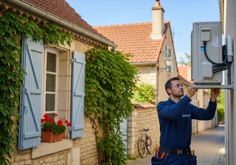 Technicien EcoTherm Habitat posant une PAC air/eau Daikin à Lyon (69) – certifié RGE QualiPAC